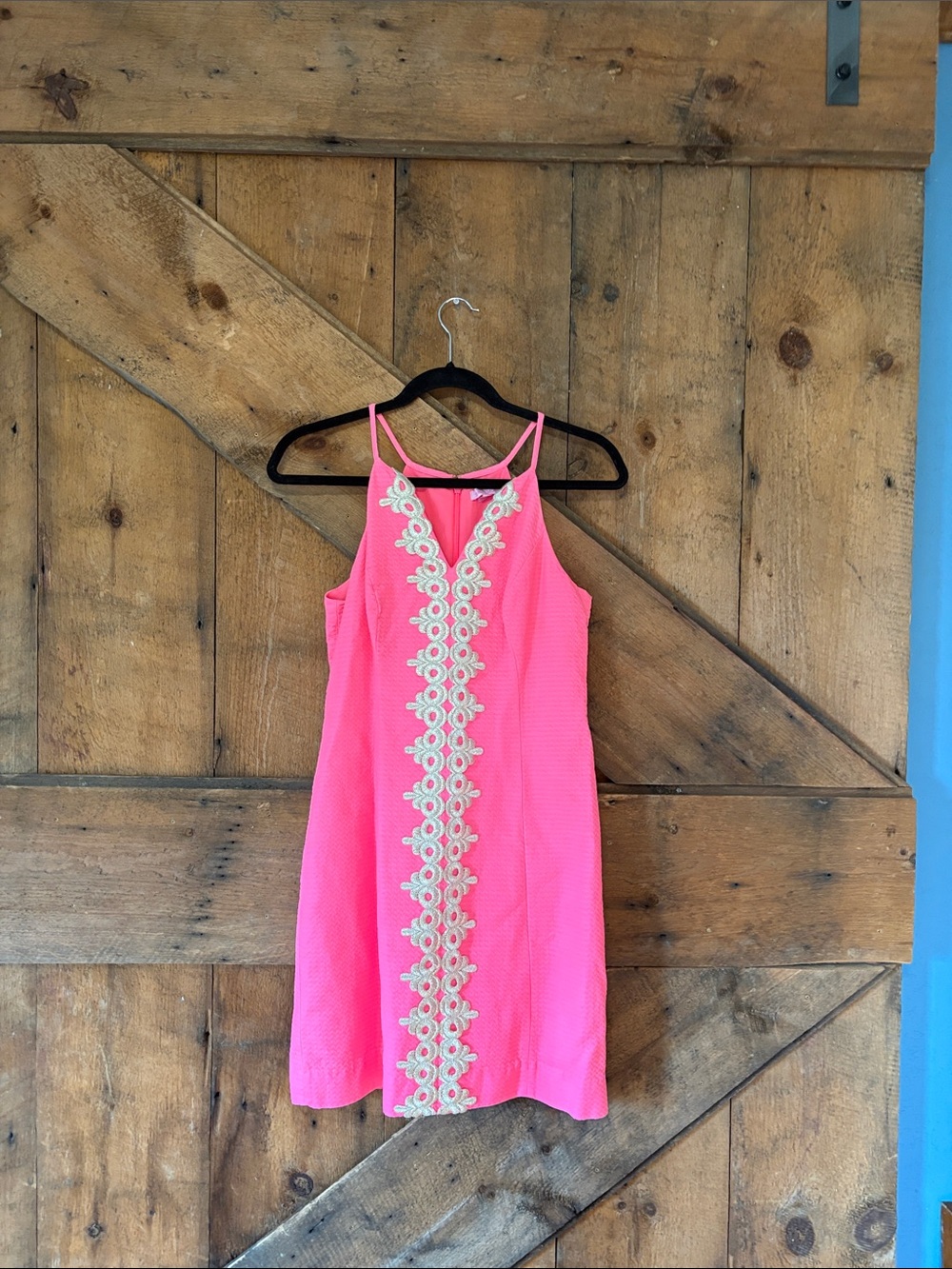 Lilly Pulitzer Hot Pink Shift Dress with Gold Lace Trim